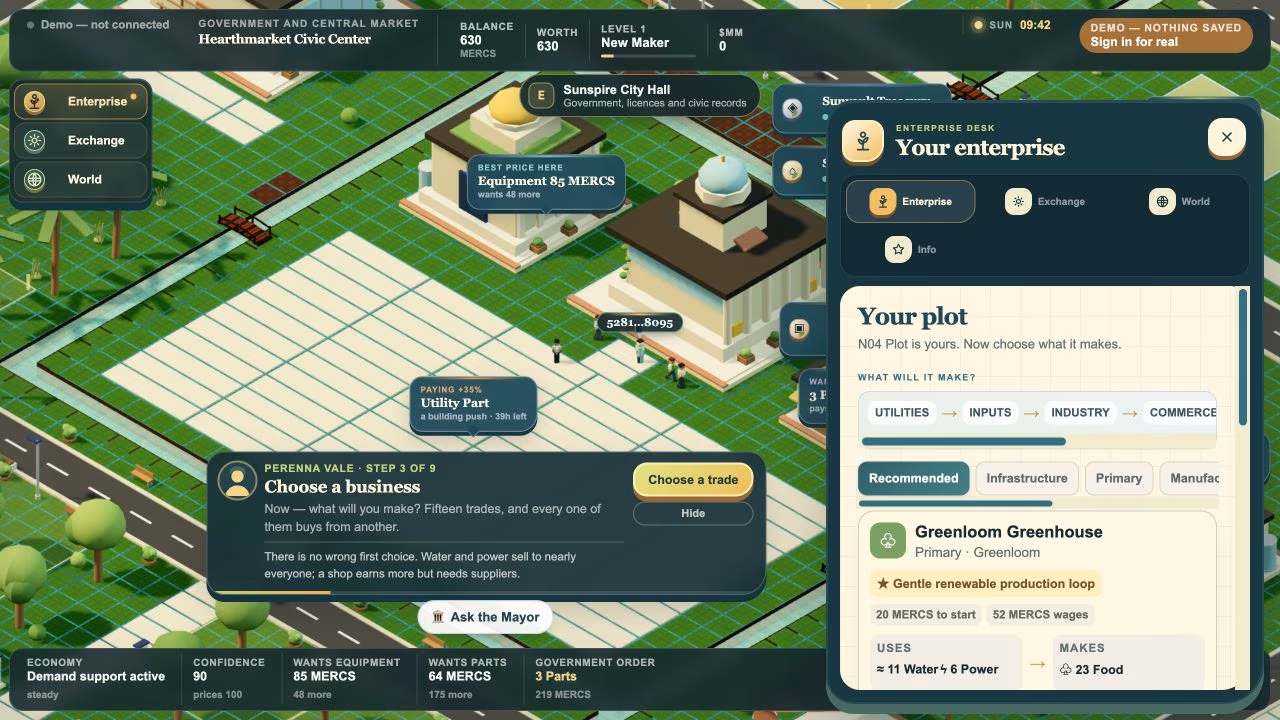 Current live business chooser showing the supply chain, business categories and Greenloom Greenhouse recipe