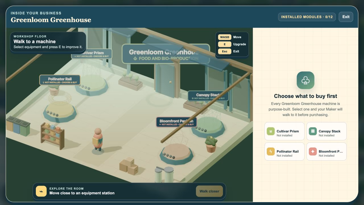 Current live walkable Greenloom Greenhouse interior with four purpose-built equipment stations and upgrade controls