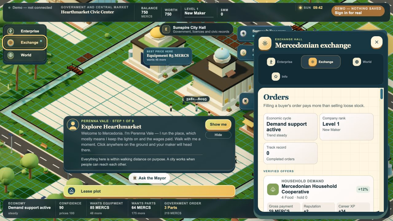 Current live Mercedonian Exchange showing orders, economic cycle, company rank and verified offers