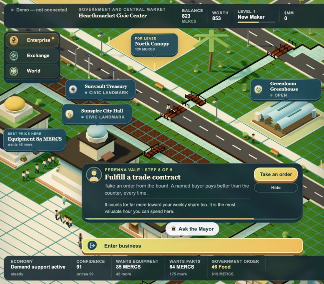 Current live Mercedonia streets showing citizens walking between civic landmarks and a running Greenloom Greenhouse